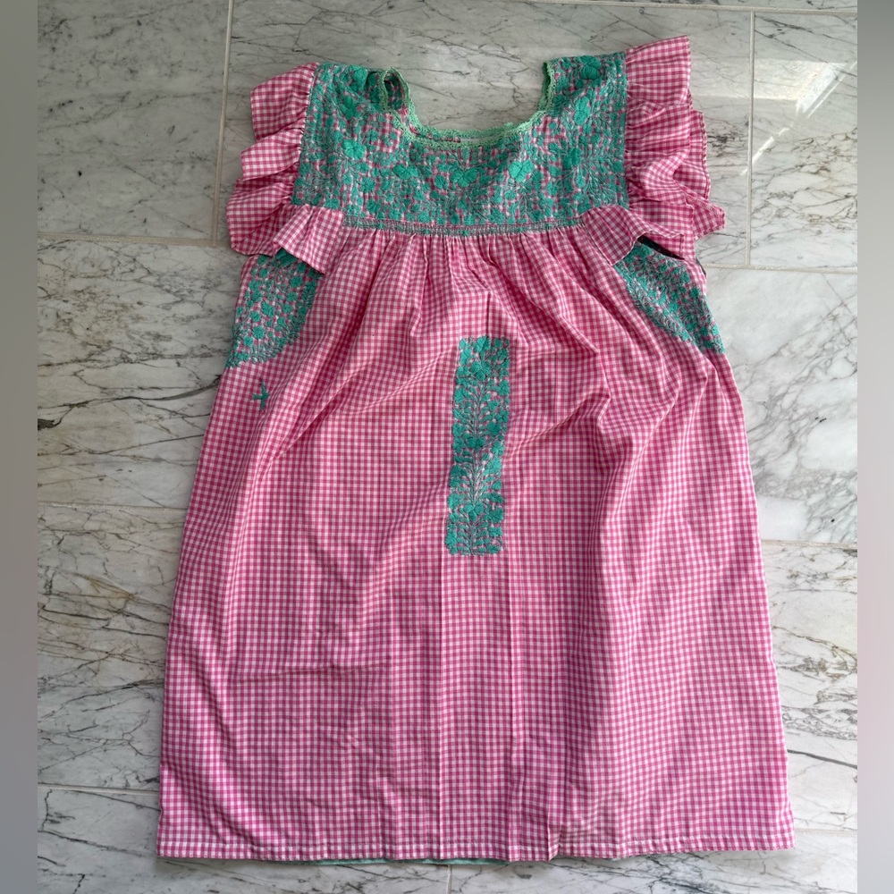 Mi GOLONDRINA Soledad dress - pink gingham with mint embroidery